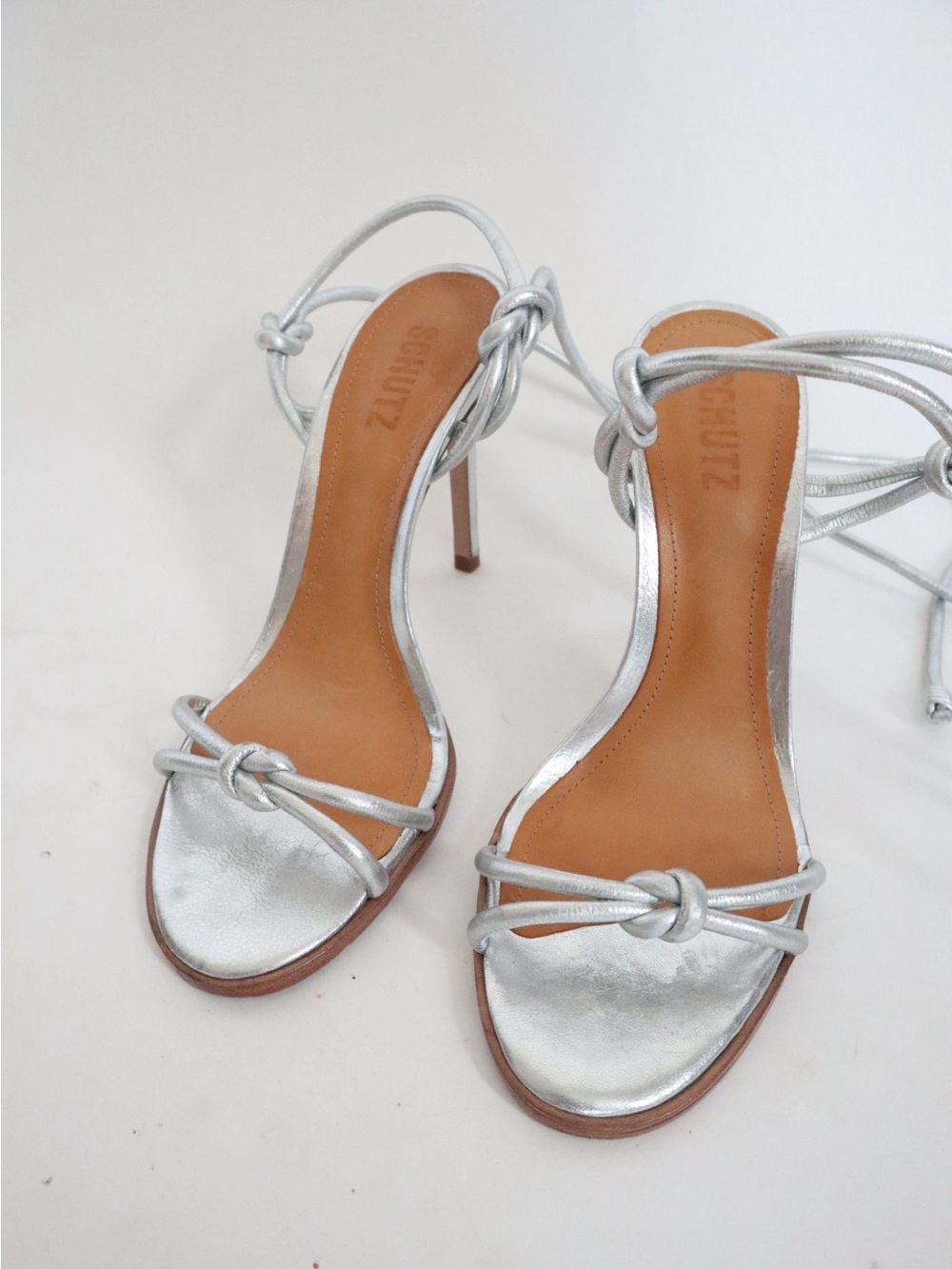 SCHUTZ Silver Knot-Strap Stiletto Sandals